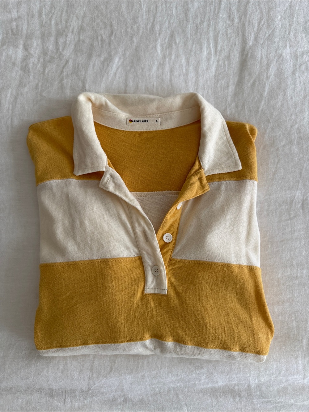 Marine Layer Yellow and Cream Striped Short Sleeve Polo Tee